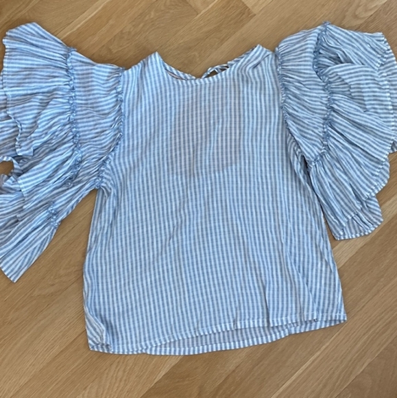 Anthropologie Pilcro Blue and White Stripes with Ruffle Sleeves Blouse - Picture 6 of 11